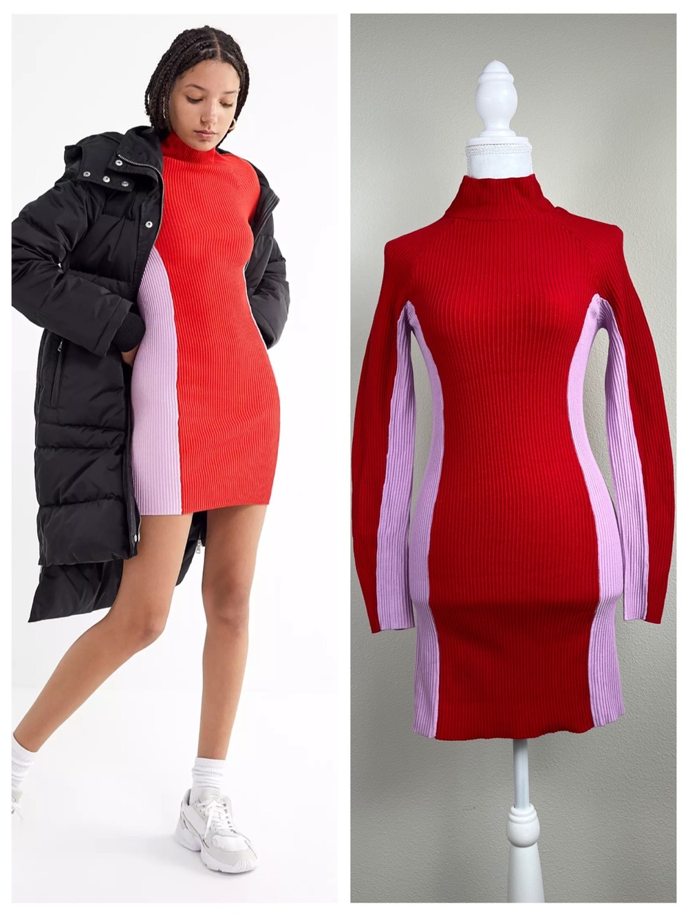 Urban Outfitters Luna Ribbed Bodycon Dress S Red Pink Colorblock Turtleneck Y2K‎